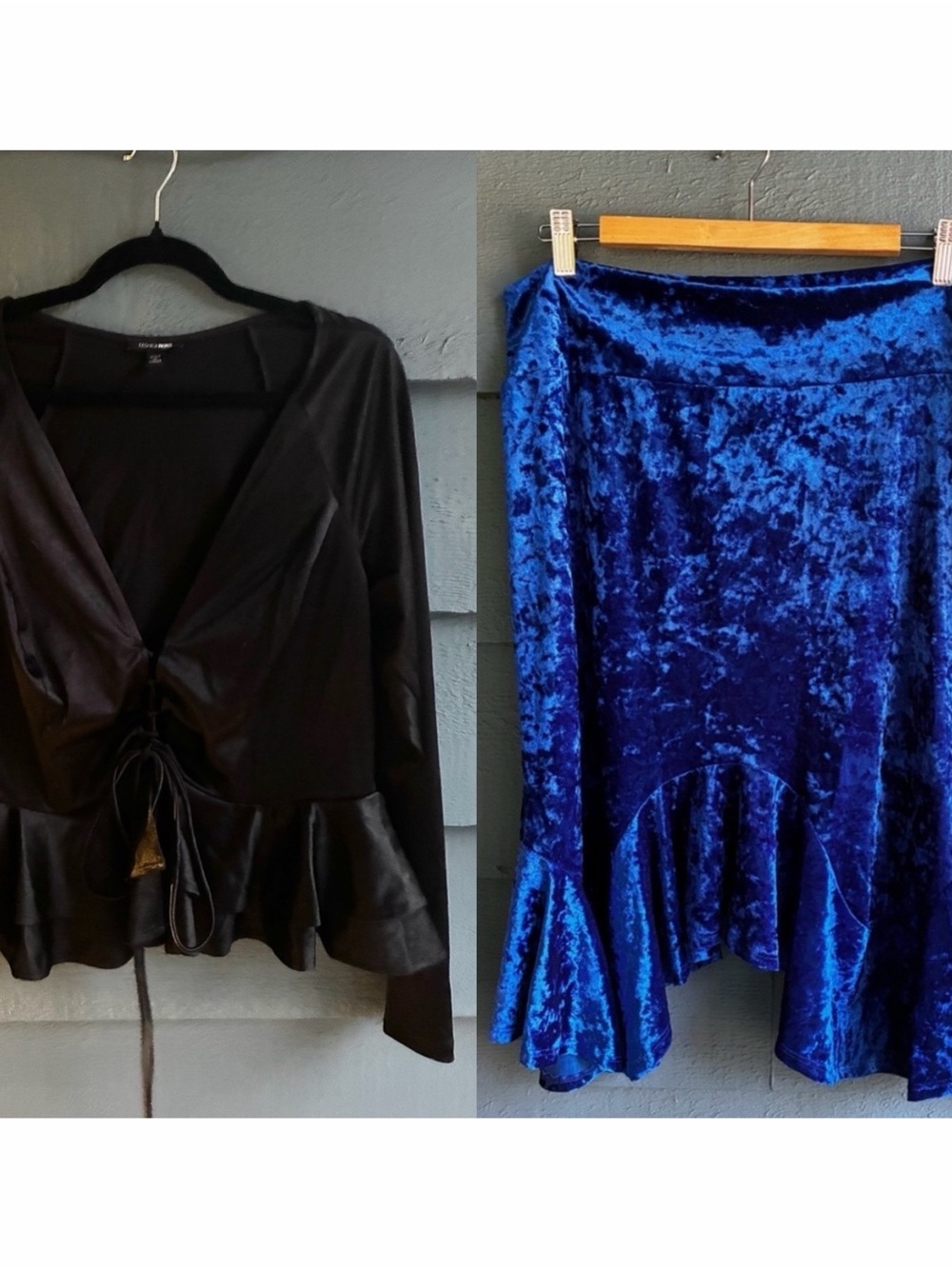 Fashion Nova 2-For-1! Black adjustable laced peplum top + crushed velvet skirt